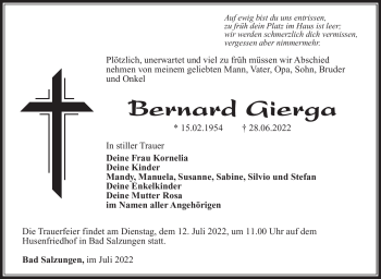 Traueranzeige von Bernard Gierga von Südthüringer Presse