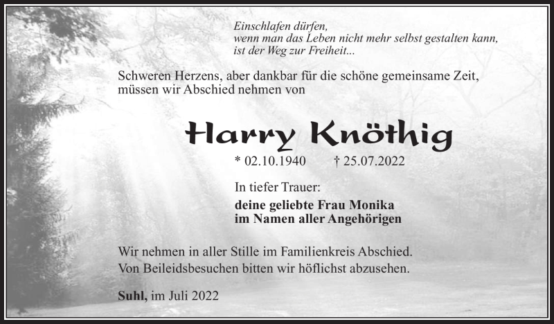  Traueranzeige für Harry Knöthig vom 30.07.2022 aus Südthüringer Presse