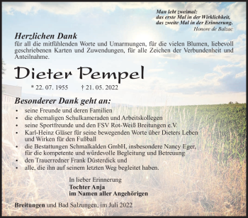 Traueranzeige von Dieter Pempel von Südthüringer Presse