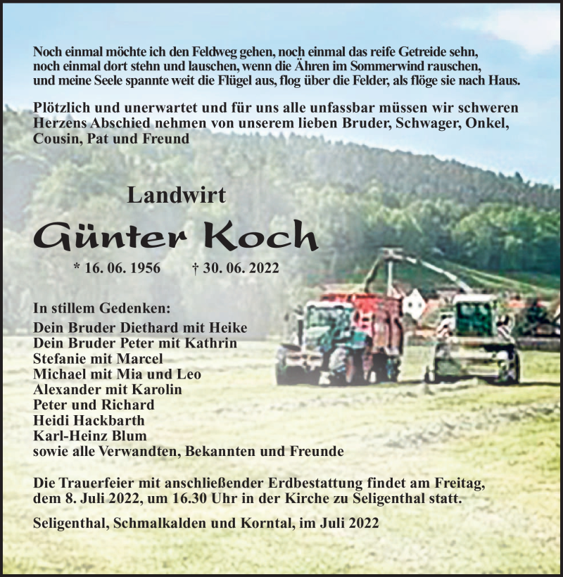  Traueranzeige für Günter Koch vom 06.07.2022 aus Südthüringer Presse