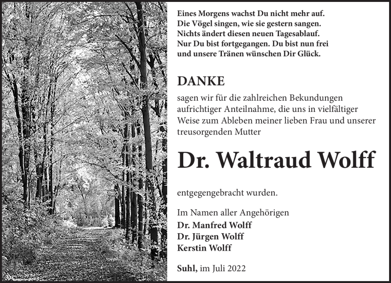  Traueranzeige für Waltraud Wolff vom 02.07.2022 aus Südthüringer Presse