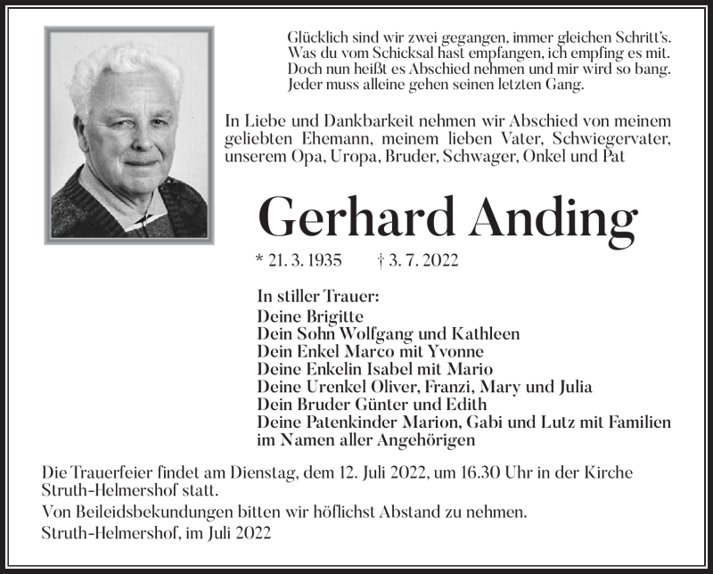  Traueranzeige für Gerhard Anding vom 09.07.2022 aus Südthüringer Presse