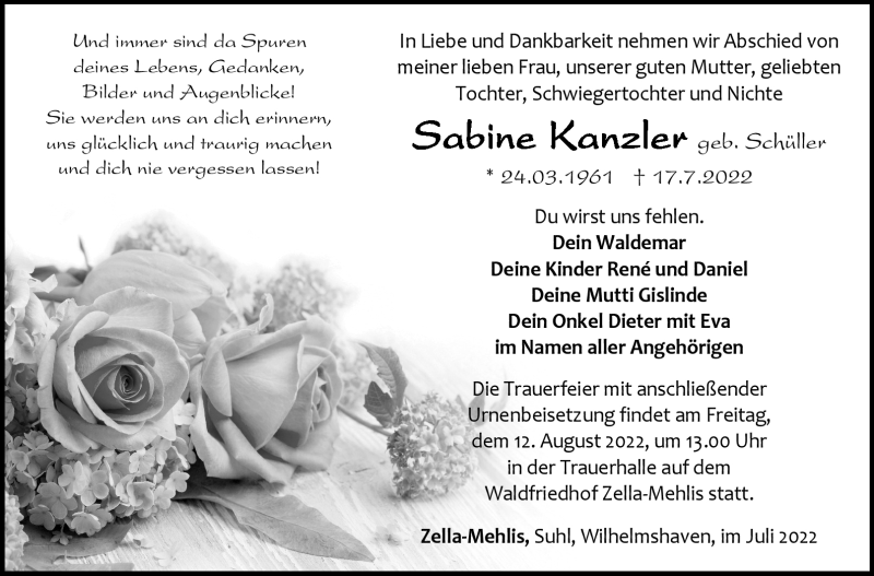  Traueranzeige für Sabine Kanzler vom 30.07.2022 aus Südthüringer Presse