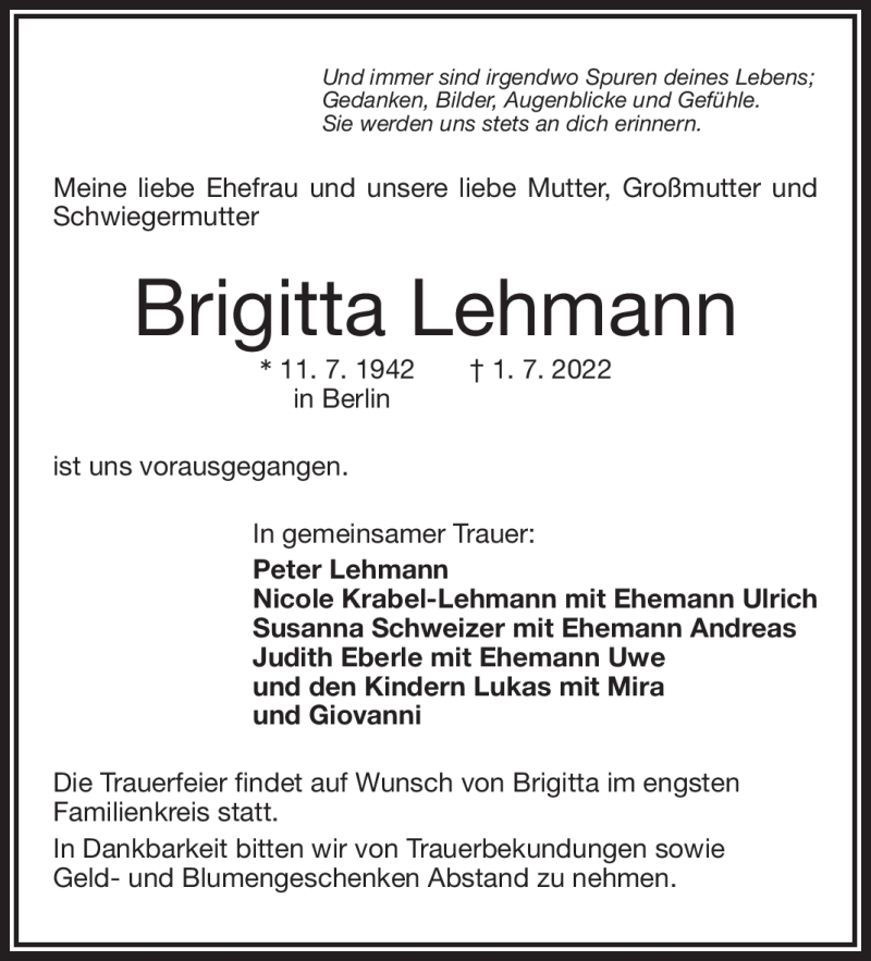  Traueranzeige für Brigitta Lehmann vom 09.07.2022 aus Frankenpost