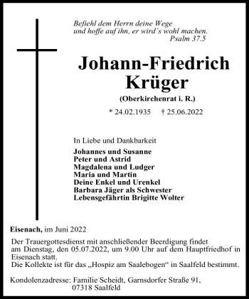 Traueranzeige von Johann-Friedrich Krüger von Südthüringer Presse