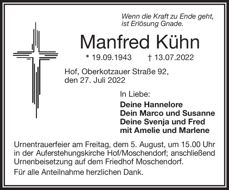  Traueranzeige für Manfred Kühn vom 27.07.2022 aus Frankenpost