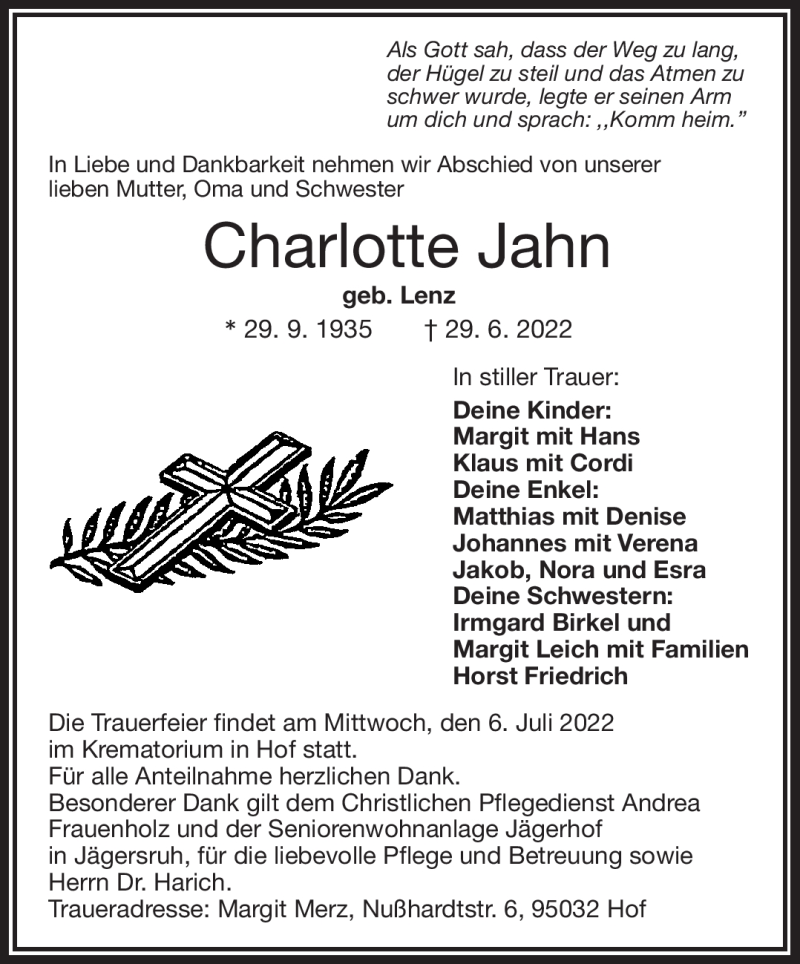  Traueranzeige für Charlotte Jahn vom 02.07.2022 aus Frankenpost