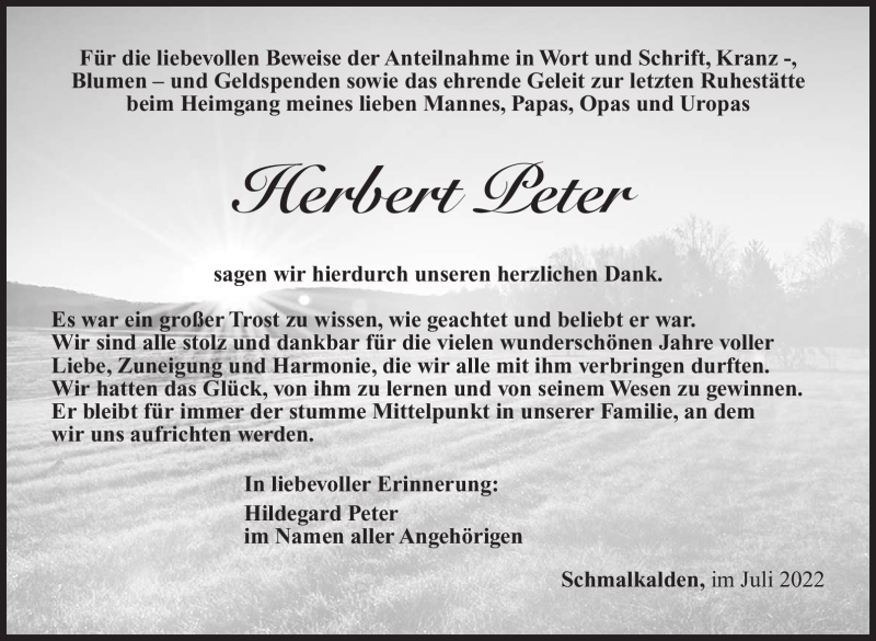  Traueranzeige für Herbert Peter vom 13.07.2022 aus Südthüringer Presse