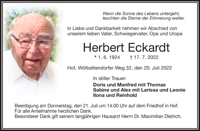  Traueranzeige für Herbert Eckardt vom 20.07.2022 aus Frankenpost