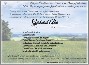Traueranzeige von Gerhard Abe von Südthüringer Presse