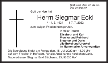 Traueranzeige von Siegmar Eckl von Frankenpost