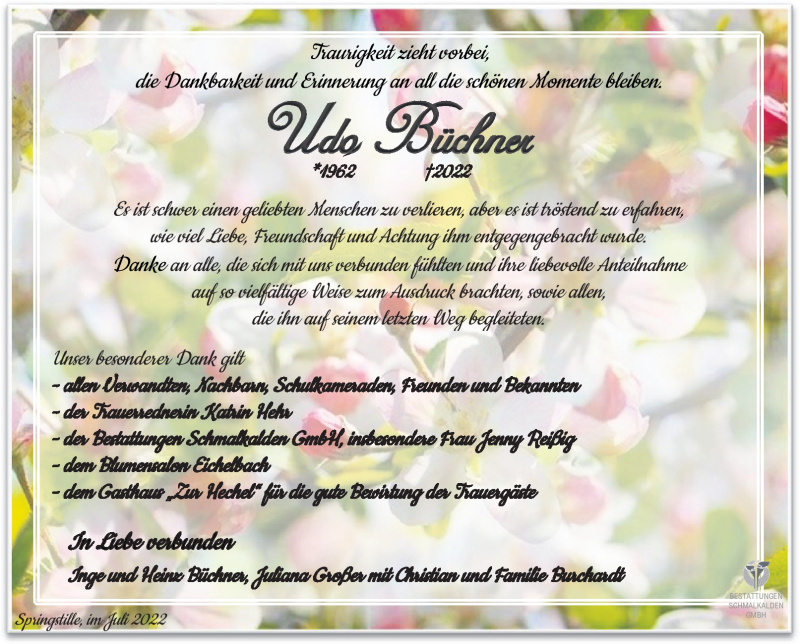  Traueranzeige für Udo Büchner vom 16.07.2022 aus Südthüringer Presse