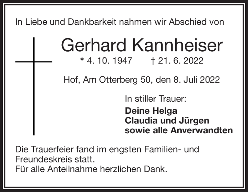  Traueranzeige für Gerhard Kannheiser vom 08.07.2022 aus Frankenpost