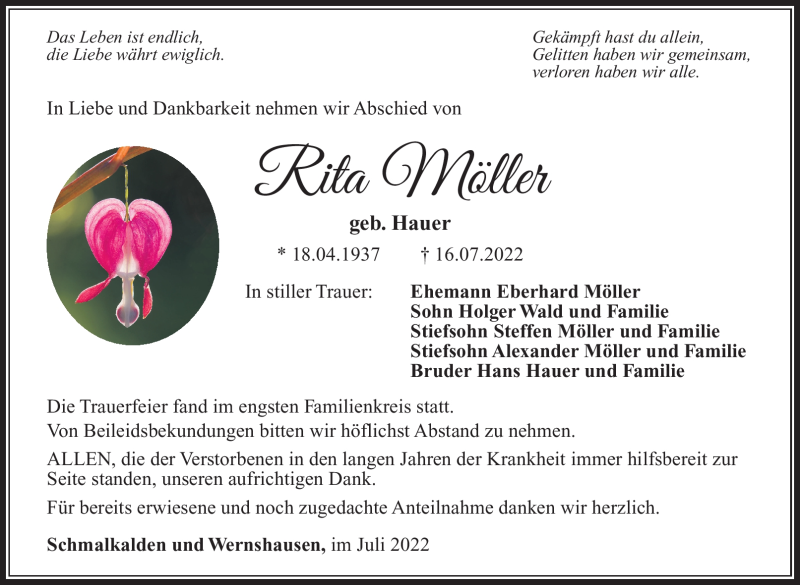  Traueranzeige für Rita Möller vom 30.07.2022 aus Südthüringer Presse