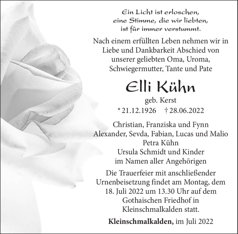  Traueranzeige für Elli Kühn vom 02.07.2022 aus Südthüringer Presse