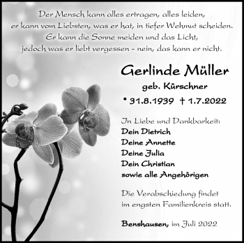 Traueranzeige von Gerlinde Müller von Südthüringer Presse