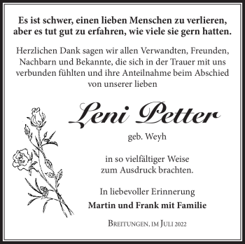 Traueranzeige von Leni Petter von Südthüringer Presse