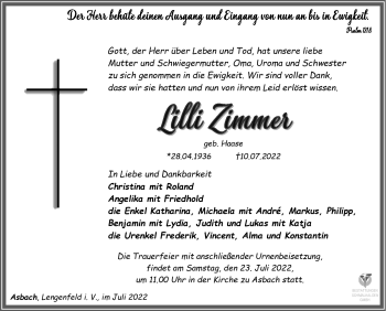 Traueranzeige von Lilli Zimmer von Südthüringer Presse