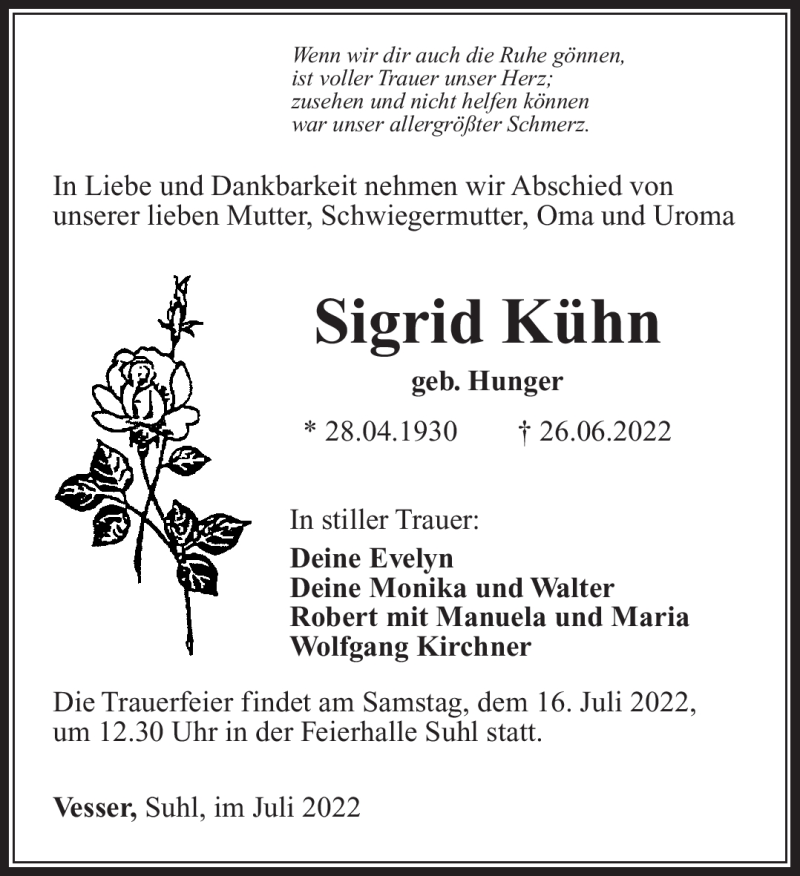  Traueranzeige für Sigrid Kühn vom 02.07.2022 aus Südthüringer Presse