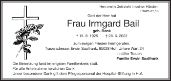 Traueranzeige von Irmgard Bail von Frankenpost