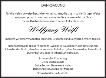 Traueranzeige von Wolfgang Weiß von Südthüringer Presse