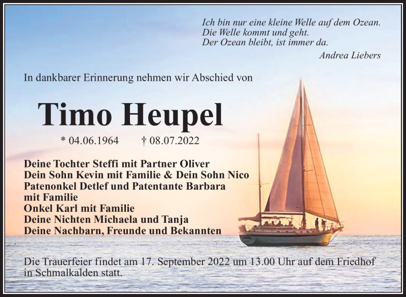  Traueranzeige für Timo Heupel vom 23.07.2022 aus Südthüringer Presse