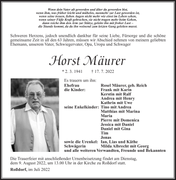 Traueranzeige von Horst Mäurer von Südthüringer Presse