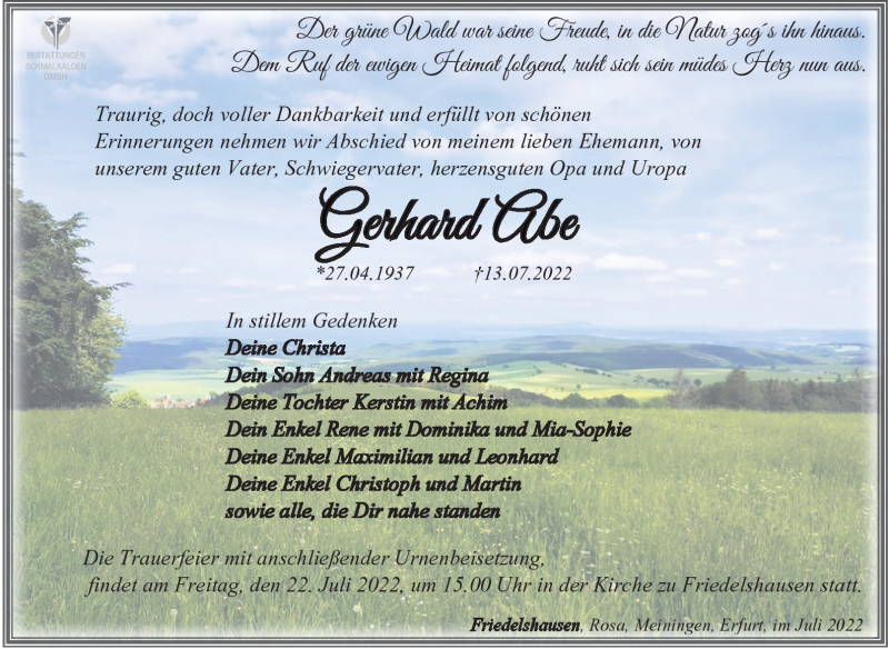  Traueranzeige für Gerhard Abe vom 19.07.2022 aus Südthüringer Presse