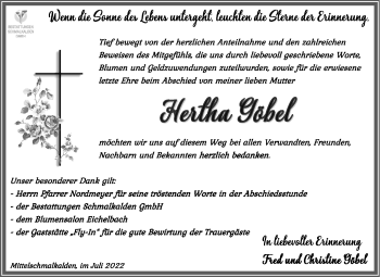 Traueranzeige von Hertha Göbel von Südthüringer Presse