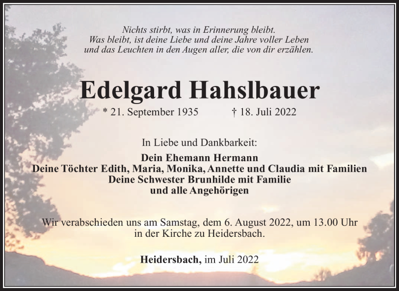  Traueranzeige für Edelgard Hahslbauer vom 30.07.2022 aus Südthüringer Presse