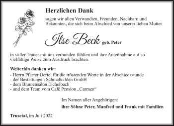Traueranzeige von Ilse Beck von Südthüringer Presse