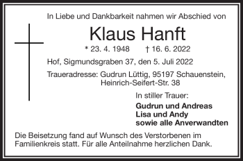 Traueranzeige von Klaus Hanft von Frankenpost