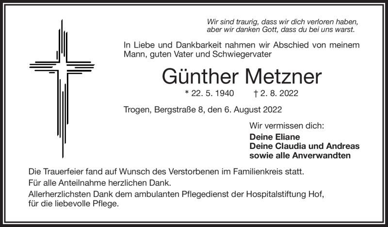  Traueranzeige für Günther Metzner vom 06.08.2022 aus Frankenpost