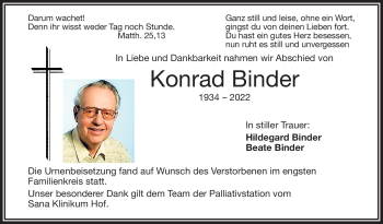 Traueranzeige von Konrad Binder von Frankenpost
