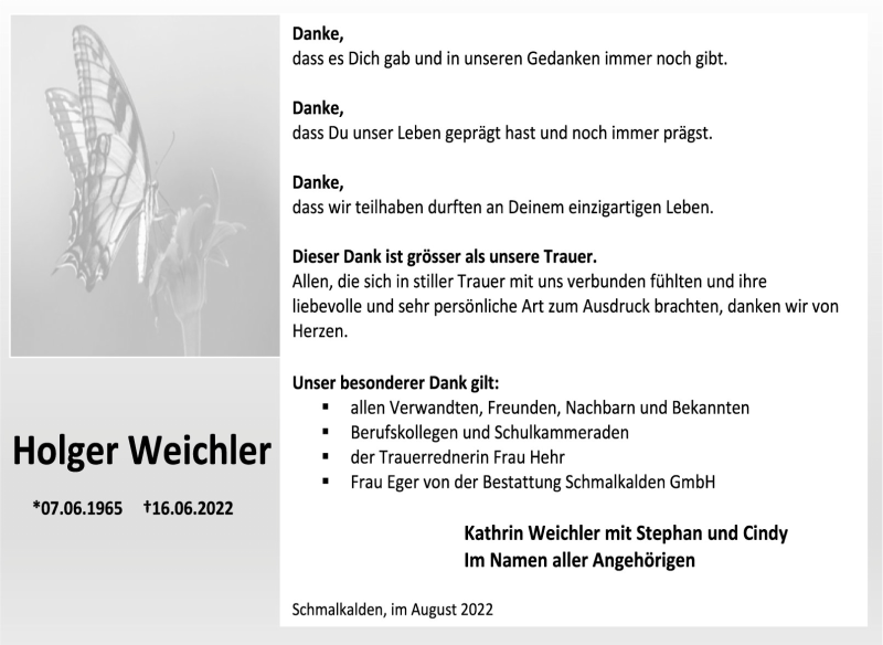  Traueranzeige für Holger Weichler vom 13.08.2022 aus Südthüringer Presse