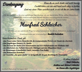 Traueranzeige von Manfred Schleicher von Südthüringer Presse