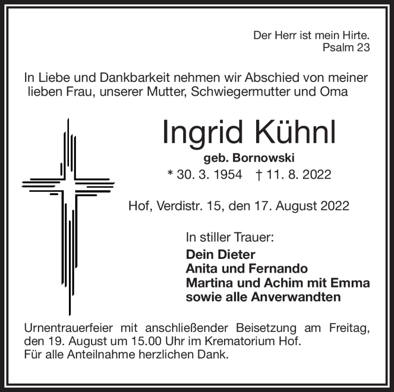  Traueranzeige für Ingrid Kühnl vom 17.08.2022 aus Frankenpost