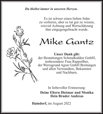 Traueranzeige von Mike Gantz von Südthüringer Presse