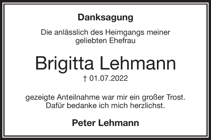  Traueranzeige für Brigitta Lehmann vom 06.08.2022 aus Frankenpost