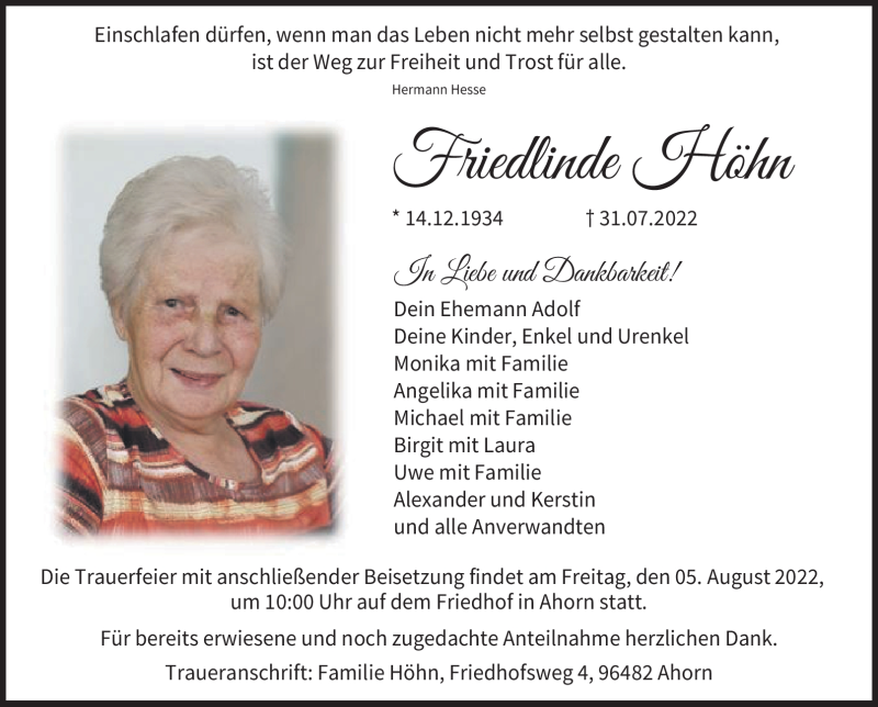  Traueranzeige für Friedlinde Höhn vom 03.08.2022 aus Neue Presse Coburg