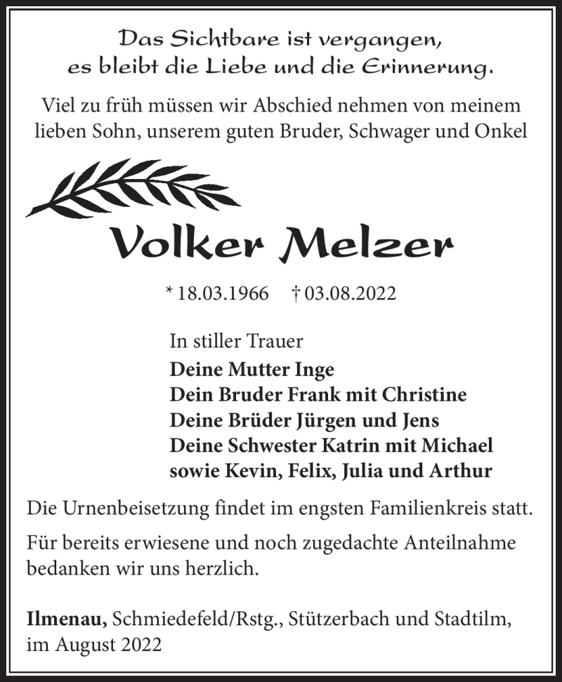  Traueranzeige für Volker Melzer vom 06.08.2022 aus Südthüringer Presse