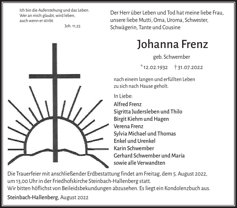  Traueranzeige für Johanna Frenz vom 03.08.2022 aus Südthüringer Presse