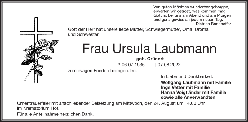  Traueranzeige für Ursula Laubmann vom 20.08.2022 aus Frankenpost