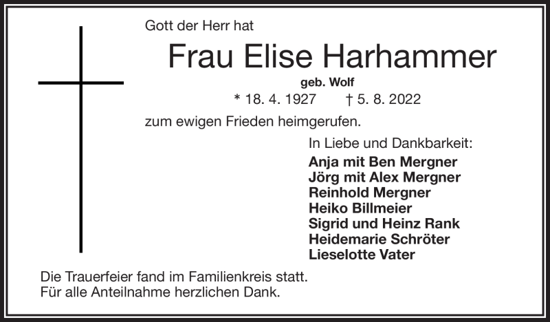  Traueranzeige für Elise Harhammer vom 13.08.2022 aus Frankenpost