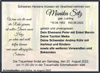 Traueranzeige von Monika Sitz von Südthüringer Presse