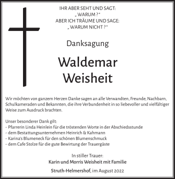 Traueranzeige von Waldemar Weisheit von Südthüringer Presse