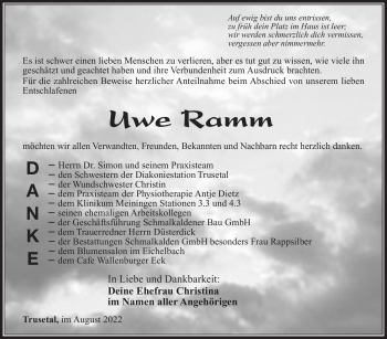 Traueranzeige von Uwe Ramm von Südthüringer Presse