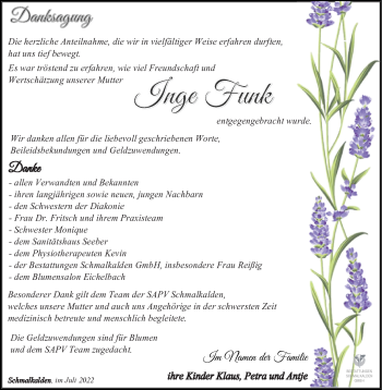 Traueranzeige von Inge Funk von Südthüringer Presse
