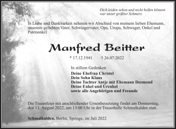 Traueranzeige von Manfred Beitter von Südthüringer Presse