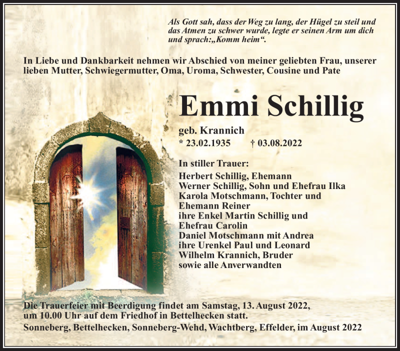  Traueranzeige für Emmi Schillig vom 06.08.2022 aus Südthüringer Presse